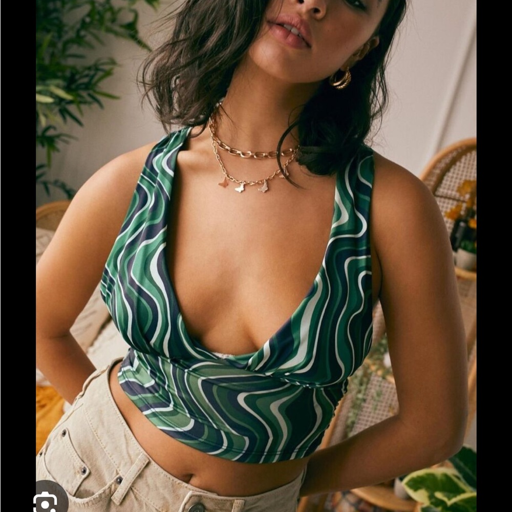 UO Green Swirl Halter Tie Top, Size: S/M